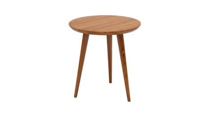 Simple, round, three-legged wooden side table, with a brown finish, isolated on black