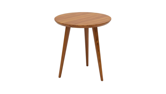 Simple, round, three-legged wooden side table, with a brown finish, isolated on black