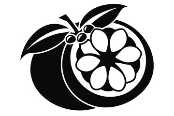 Striking black and white depicts a stylized fruit with leaves and seeds element