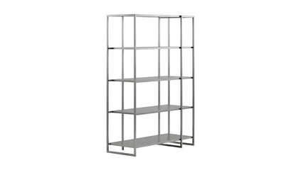 A modern, minimalist bookshelf with open metal frame and light-colored shelves on black