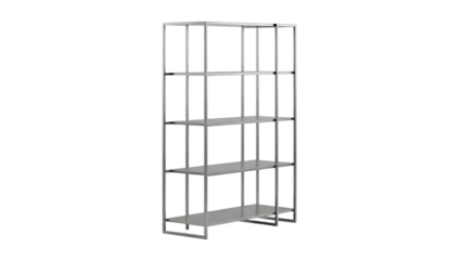 A modern, minimalist bookshelf with open metal frame and light-colored shelves on black