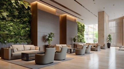 Modern hotel lobby interior with vertical green living walls and contemporary seating areas