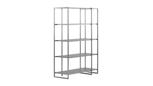 A modern, minimalist bookshelf with open metal frame and light-colored shelves on black