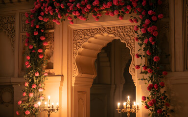 Cinematic Mughal Courtyard Archway Backdrop with Red Roses, Candlelit Stone Carvings and Golden Romantic Ambience