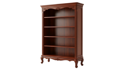 Rendered image of a tall, dark wooden bookshelf with ornate detailing, empty shelves