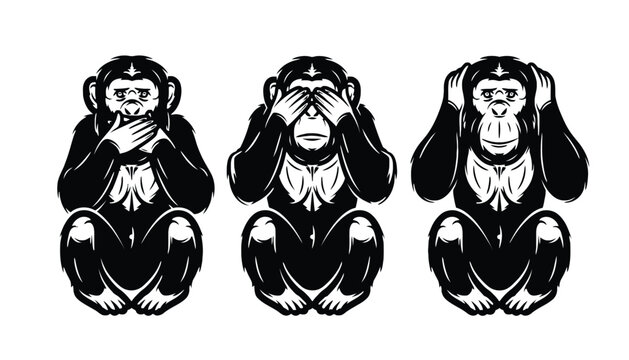 Three wise monkeys sitting in a row with different gestures