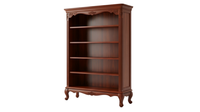 Rendered image of a tall, dark wooden bookshelf with ornate detailing, empty shelves