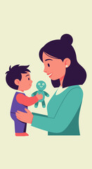 Fototapeta premium A loving mother smiles at her young son who is holding a small green doll, depicting a tender family moment.