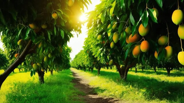 Sunlight through mango orchard trees at harvest
