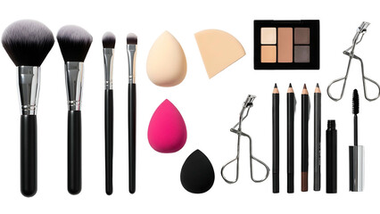 Assortment of makeup brushes, sponges, eyeshadow palette, eye pencils, and lash curlers