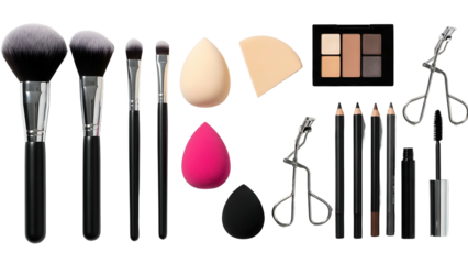 Assortment of makeup brushes, sponges, eyeshadow palette, eye pencils, and lash curlers