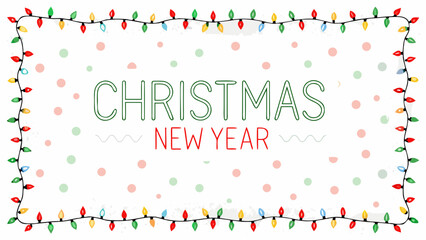Festive christmas and new year greeting with colorful string lights and polka dots on a white background