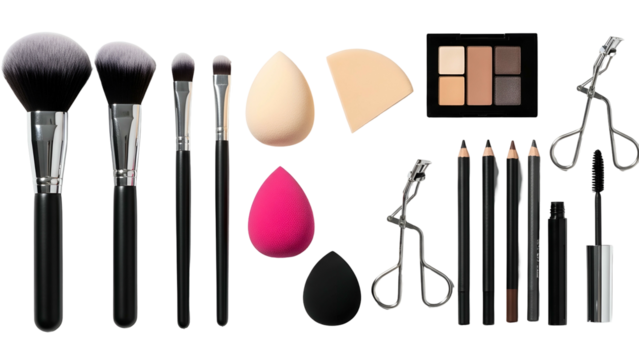 Assortment of makeup brushes, sponges, eyeshadow palette, eye pencils, and lash curlers