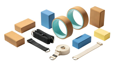 Assortment of yoga accessories, including blocks, straps, wheels, and carrying case