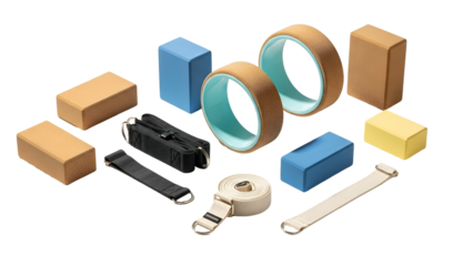 Assortment of yoga accessories, including blocks, straps, wheels, and carrying case