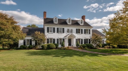 A stately Colonial-style home with a white brick exterior and a symmetrical front The wide well-lit lawn and