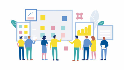 Diverse team collaborates around a whiteboard displaying charts and colorful sticky notes fostering a dynamic brainstorming session and strategic planning