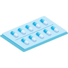 Two Rows Of Blue And White Capsules In A Light Blue Blister Pack Isolated On A Transparent Background With Soft Shadows And Isometric Perspective