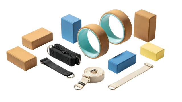 Assortment of yoga accessories, including blocks, straps, wheels, and carrying case