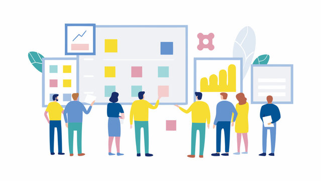 Diverse team collaborates around a whiteboard displaying charts and colorful sticky notes fostering a dynamic brainstorming session and strategic planning
