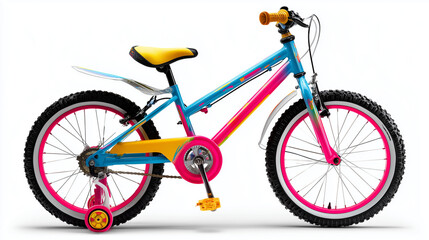 Fototapeta premium Kids’ bicycle with colorful frame and safety wheels standing upright on white background