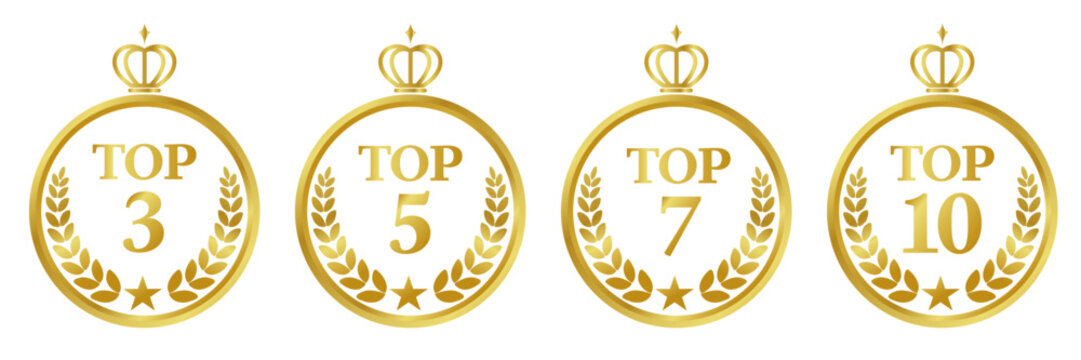 光沢のあるランキングのアイコンセット。トップ3、トップ5、トップ7、トップ10の4つ。白背景にベクターイラスト。