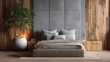Modern bedroom interior design featuring wood walls concrete headboard and large potted plant