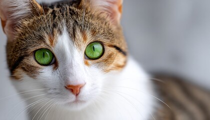 Beautiful close-up of a cat s face featuring bright green emerald eyes, happy expression, and fur.