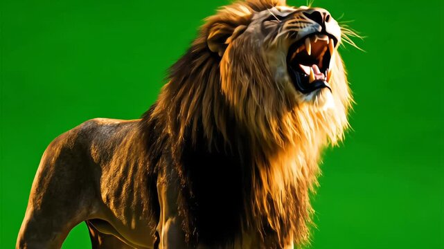 A powerful male lion standing and roaring on green screen, mane blowing naturally, ideal for dramatic wildlife scenes, trailers, and high-impact VFX work