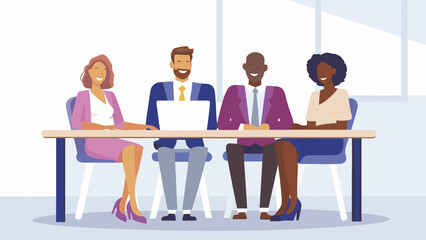 Diverse business professionals collaborate around a table with a laptop fostering teamwork and modern workplace communication in a bright office setting