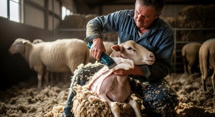 Man shearing wool from a sheep using electric clippers inside a dusty barn on a farm