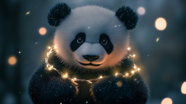 Stuffed panda with fairy lights wrapped around it