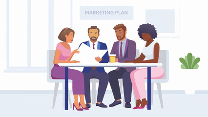 Diverse team collaborates on marketing plan during a business meeting discussing strategy and ideas around a table