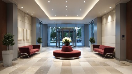 Elegant modern lobby interior with seating area and revolving glass entrance door