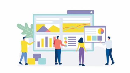 Diverse team collaborates on data analysis and business strategy presentation showcasing charts and graphs on a large screen