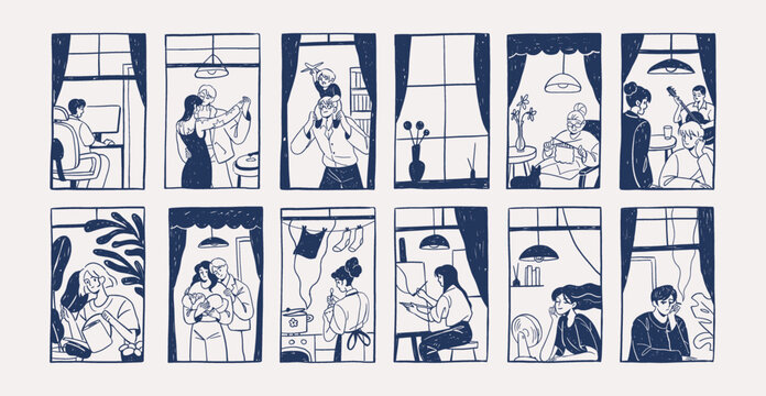 Set of windows with people inside. Facade with neighbors indoors. Apartments with families, couples and kids. Doodle men and women in condo house. Hand drawn isolated vector illustrations on white