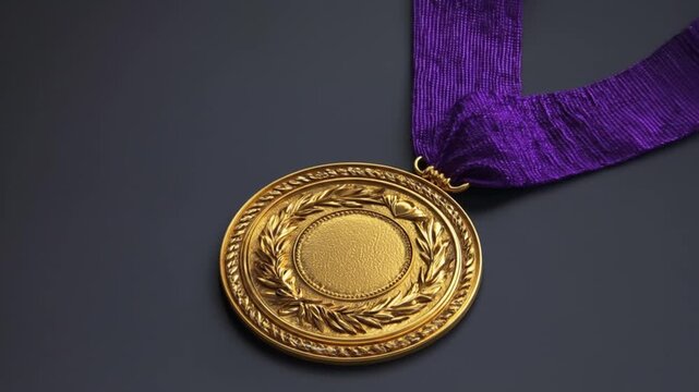 Ornate gold medal with laurel border rests on a dark surface, attached to a purple ribbon with sheen