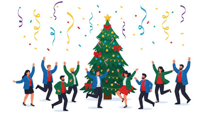 Happy people at a Christmas and New Year's corporate party. Positive men and women dancing and having fun. Set of modern vector characters. Christmas and New year greetings card on White background.