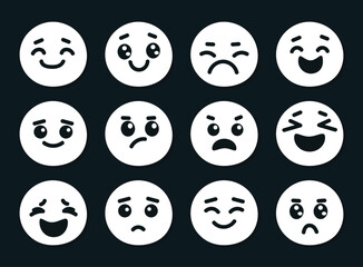 set of white round emoji faces with various emotions on dark background.