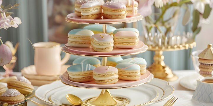 Elegant pastel tiered stand filled with delicate macarons and pastries, perfect for a celebratory afternoon tea.