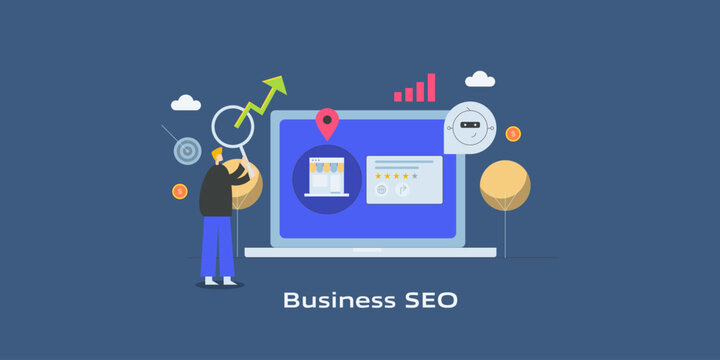 Local business listing and customer rating display digitally, chatbot delivers essential business information and analyst reviews SEO growth indicator arrow.