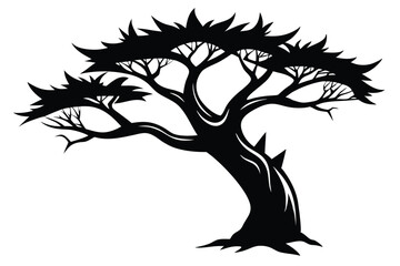 Isolated stylized black tree silhouette presents sharp pointed leaves and a uniquely shaped curving trunk