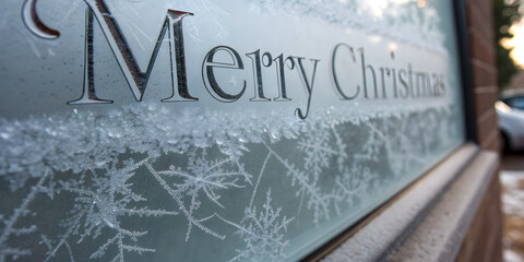 Christmas background image featuring frosted window with etched Merry Christmas message and intricate ice-crystal patterns illuminated beautifully.
