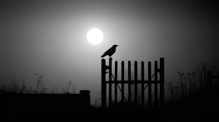 Black crow perching on wooden fence in foggy landscape under full moon