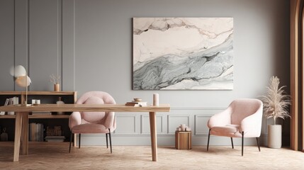 stylish home office interior with a simple wooden desk, armchairs, and a beige marble painting on the wall in light colors. minimalist space design of a modern living room.