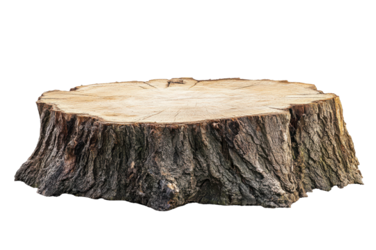 Rustic tree stump isolated on transparent background. Large tree stump isolated on white background.
