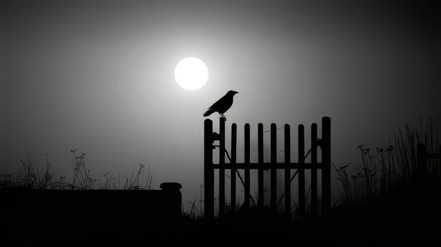 Black crow perching on wooden fence in foggy landscape under full moon