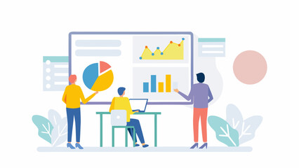 Business meeting with data analysis and charts presented on a large screen by a team of professionals
