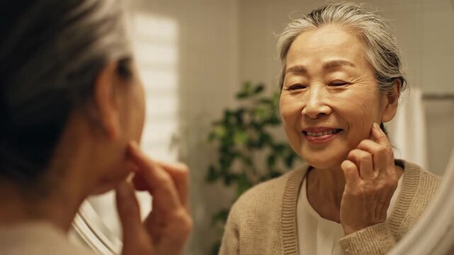 Elderly asian woman examining face in mirror with gentle expressions - Powered by Adobe