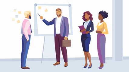 Diverse business professionals collaborate during a presentation discussing ideas on a whiteboard with sticky notes